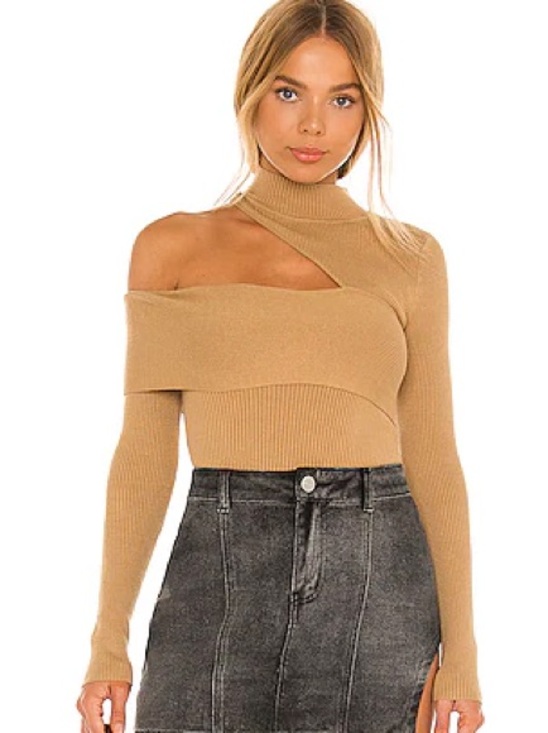 NBD Sweaters - NBD Camel Ribbed Asymmetric Cutout Turtleneck Sweater